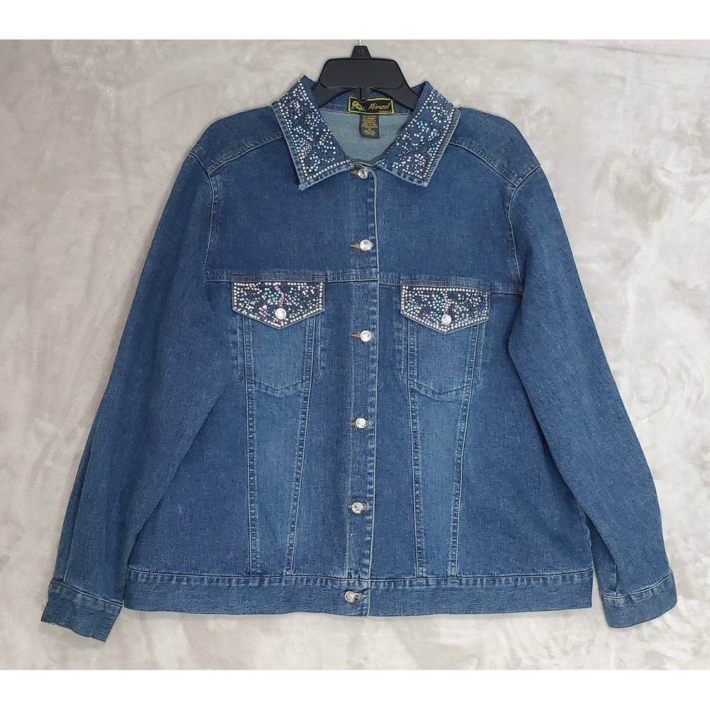 Mirasol Embellished Denim Jacket Womens 1X Blue Rhinestones Collared Buttons EUC